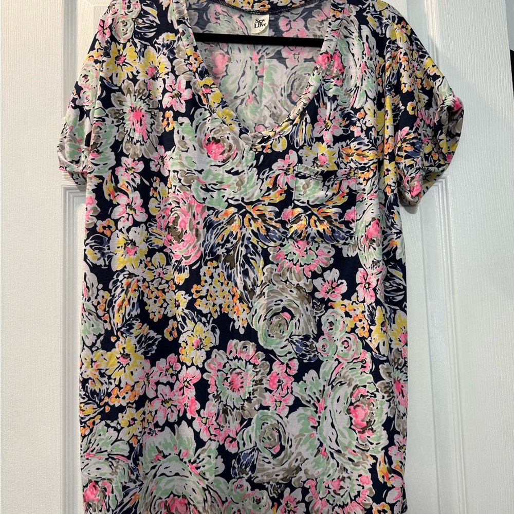 Sew In Love Floral V-Neck Blouse - Pink, Green, Yellow on Black